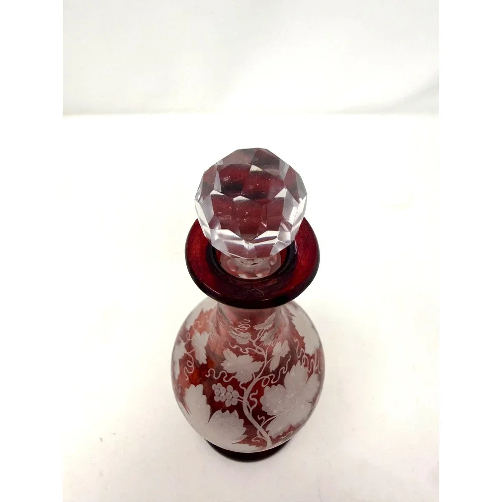 Vintage Bohemian Ruby Red Flashed Glass Decanter Etched Grape Vine Stopper
